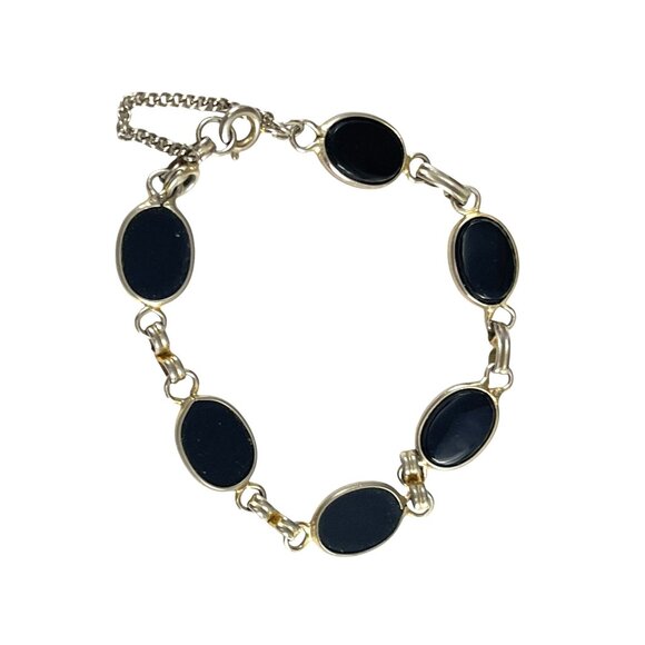 Elegant Gold & Black Onyx Oval Link Bracelet With Safety Chain - Picture 2 of 8